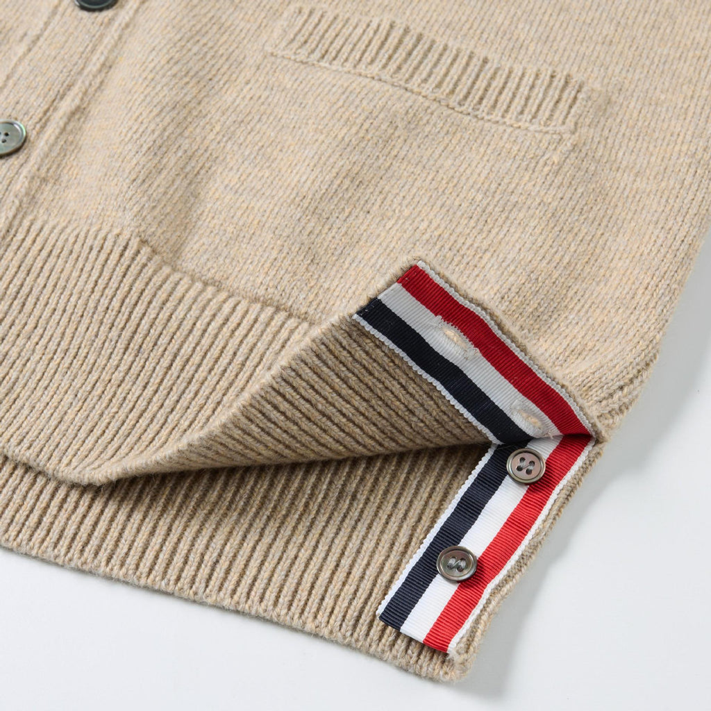 4 - Bar Premium Cotton V - Neck Cardigan - Classic Khaki Knit | Thom Browne
