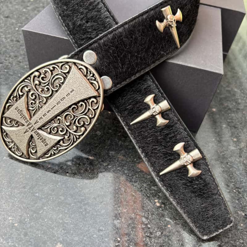 Chrome Hearts Cross Horsehair Leather Belt Gothic Metal Rivet Waist