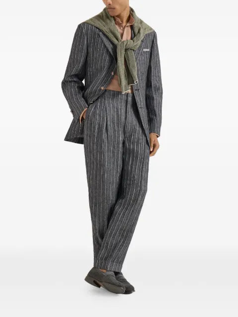 Brunello Cucinelli linen chalk stripe chevron Tailor blazer with metal buttons