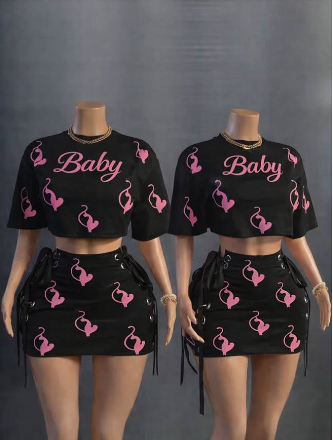Baby Phat Y2K Graphic Print Crop Top Lace‑Up Mini Skirt Set Women