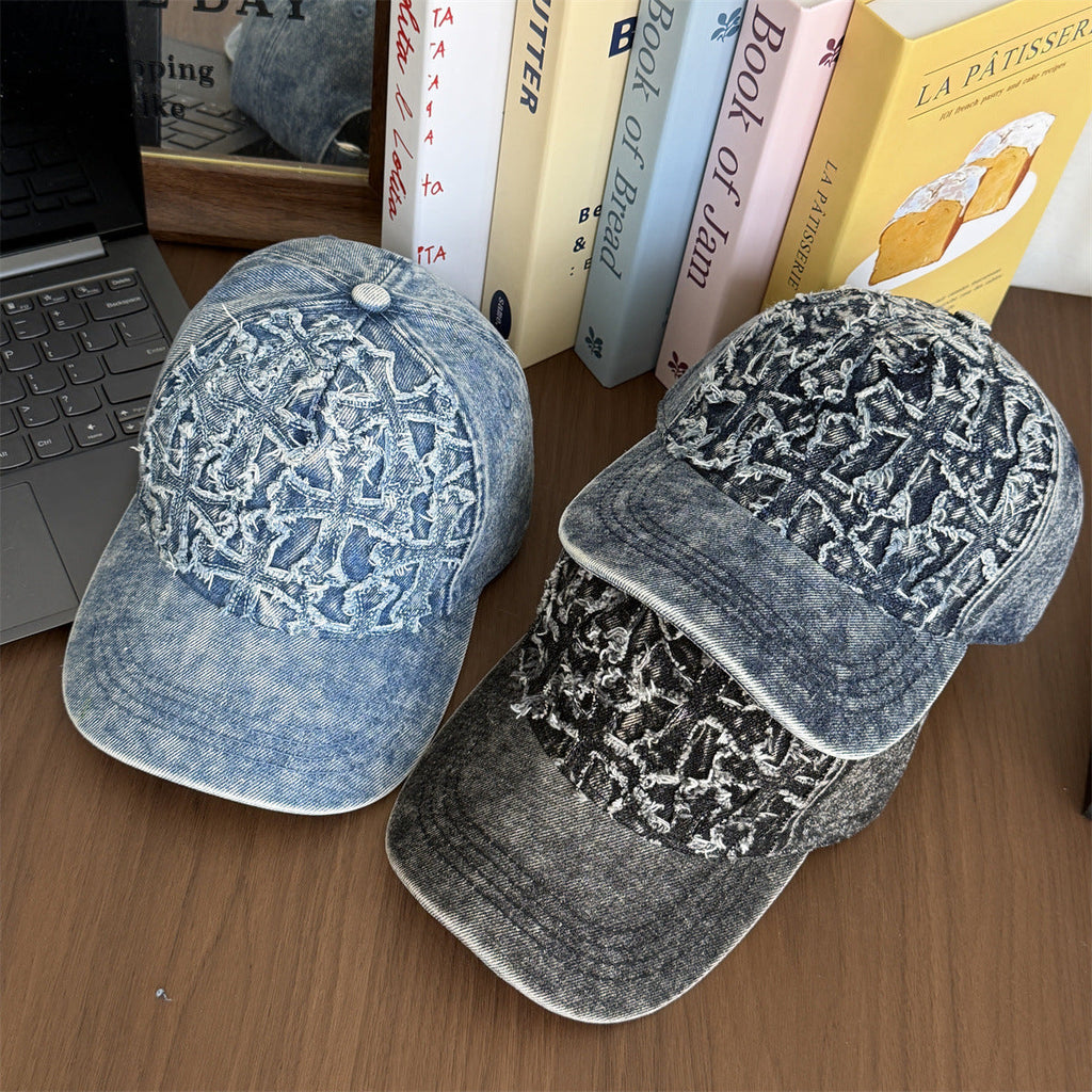 Frayed Cross Denim Washed Vintage Baseball Cap Streetwear Multi‑Style