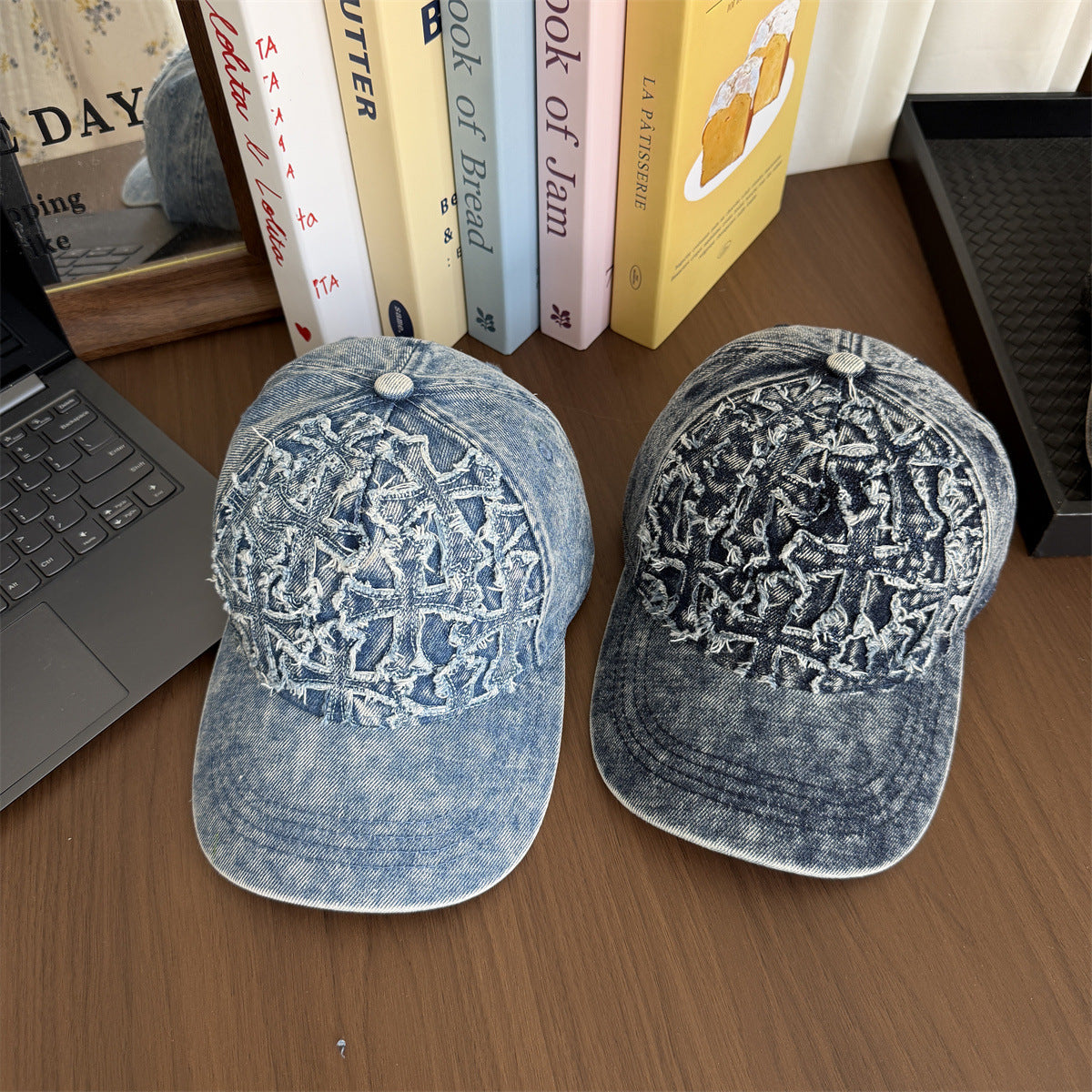 Frayed Cross Denim Washed Vintage Baseball Cap Streetwear Multi‑Style