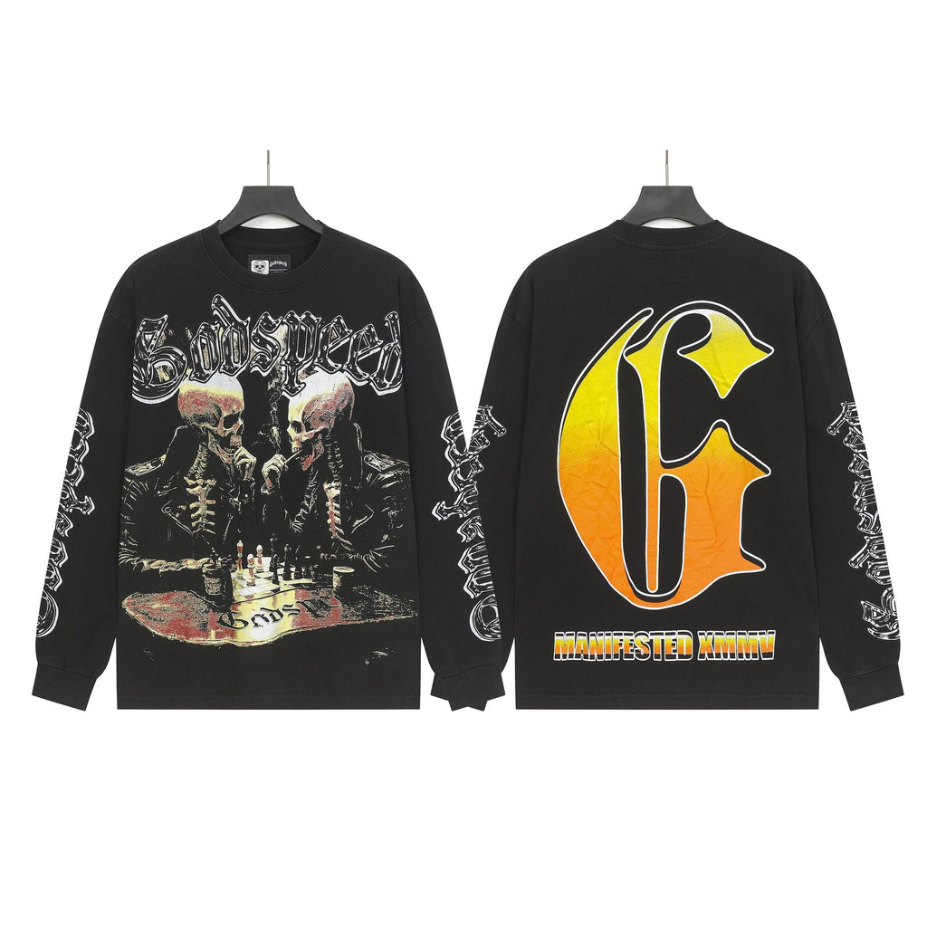 Godspeed Washed Black Skeleton Chess Graphic Long-Sleeve T-Shirt