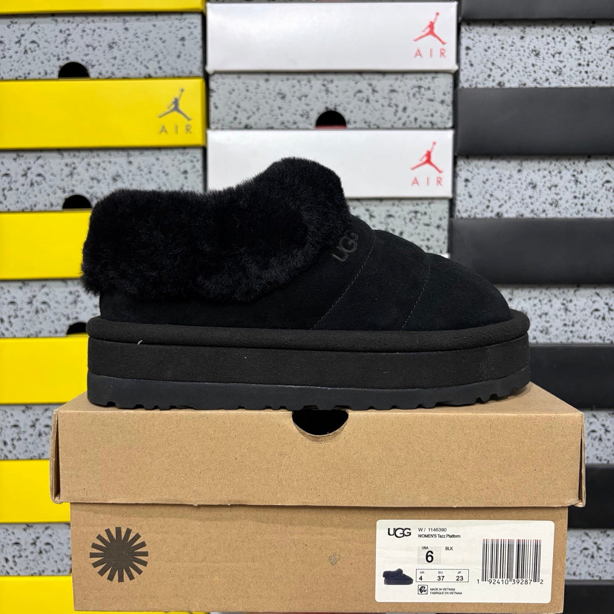 UGG Tazz Platform Slip-On Slipper – Suede Moccasin with Tonal Black Shearling Cuff & All-Black Platform Sole in Black
