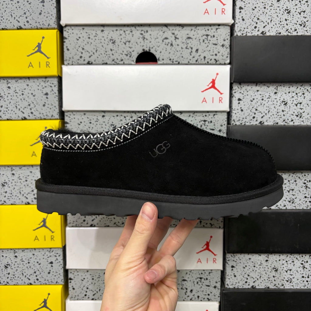 UGG Tasman Slip-On Slipper – Suede Moccasin with Shearling Lining, Black & White Woven Collar & Grey Lug Sole in Black