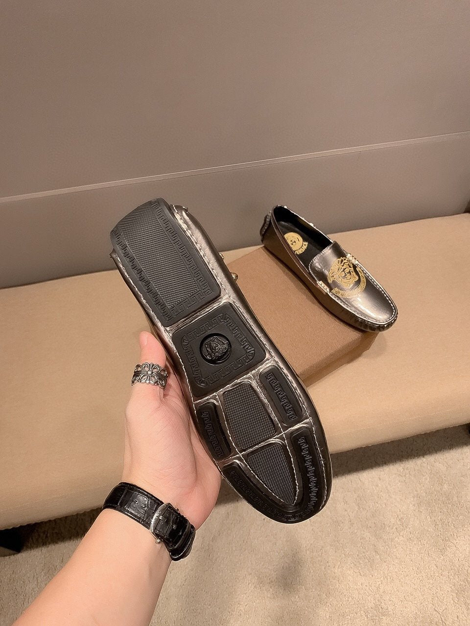 Versace Gunmetal Medusa Loafers