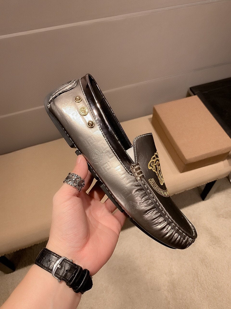 Versace Gunmetal Medusa Loafers