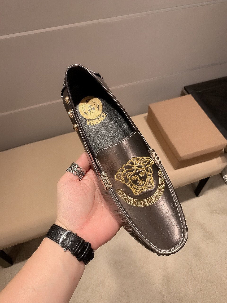 Versace Gunmetal Medusa Loafers