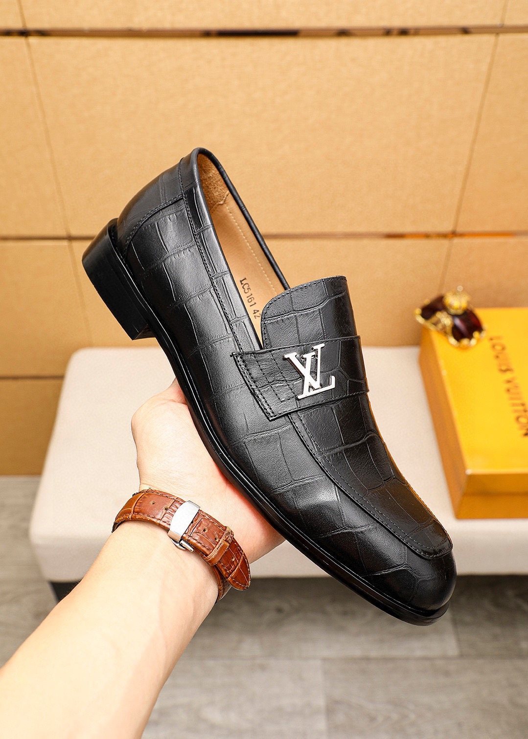 Louis Vuitton Black Embossed Loafers - Metal Vamp Hardware