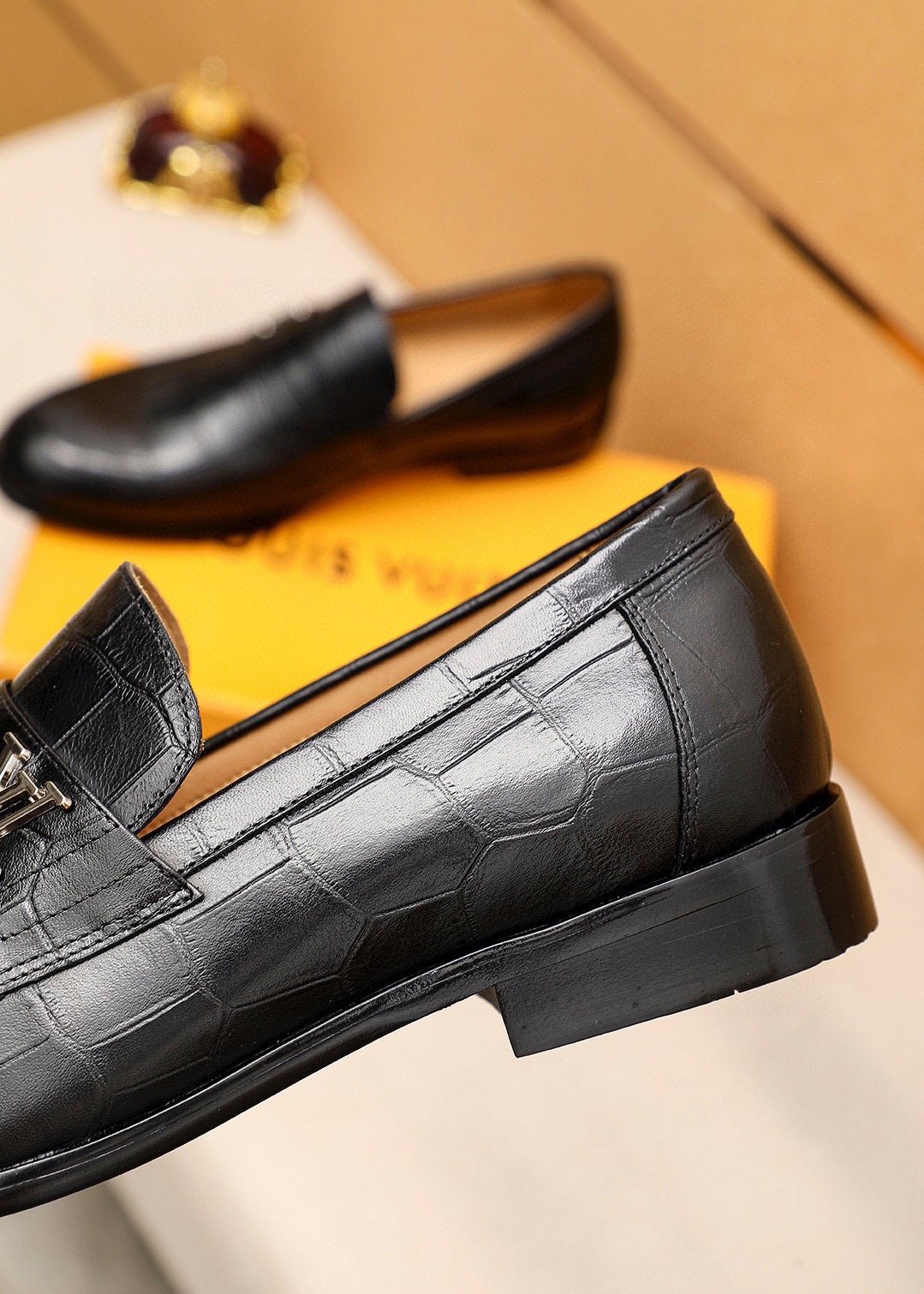 Louis Vuitton Black Embossed Loafers - Metal Vamp Hardware