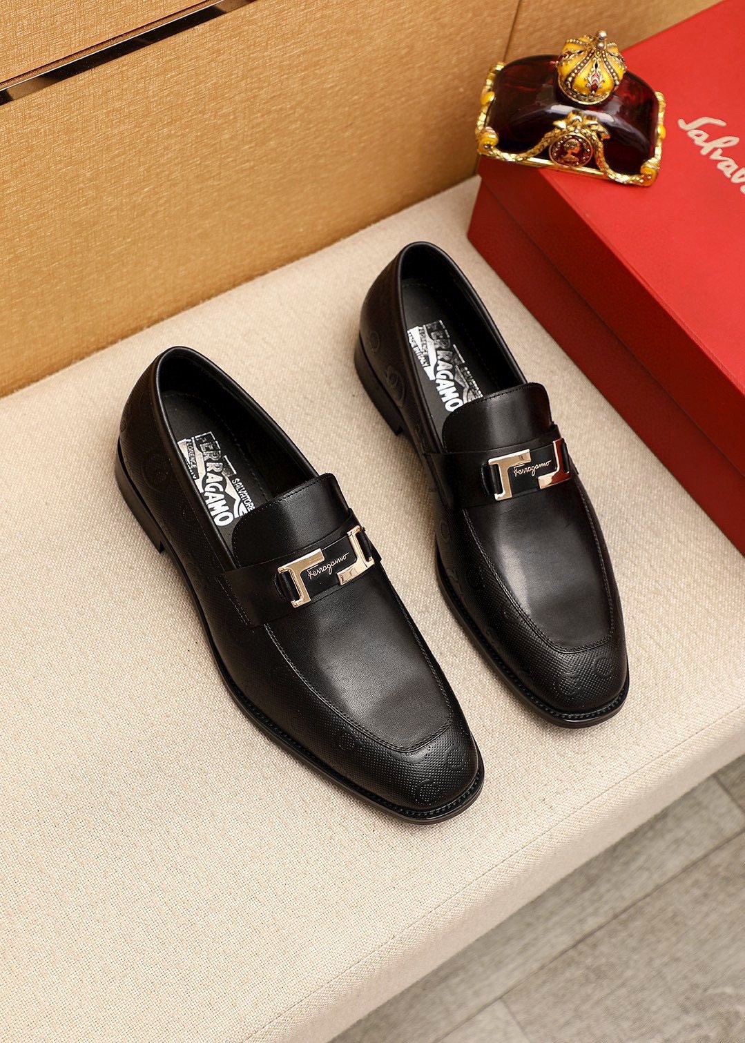 Ferragamo Black Silver-Buckle Loafers