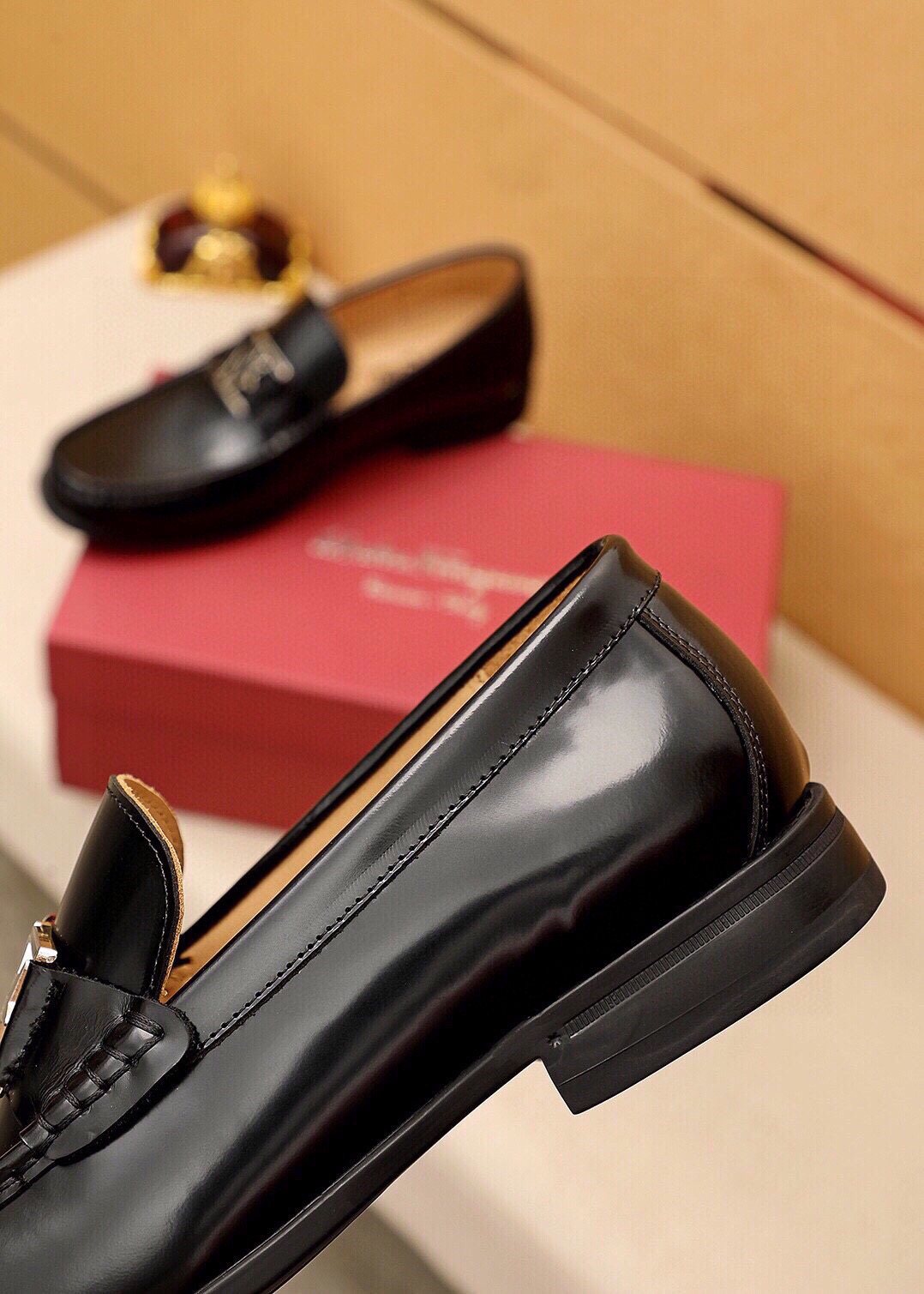 Ferragamo Black Leather Hardware Loafers - Rounded Toe