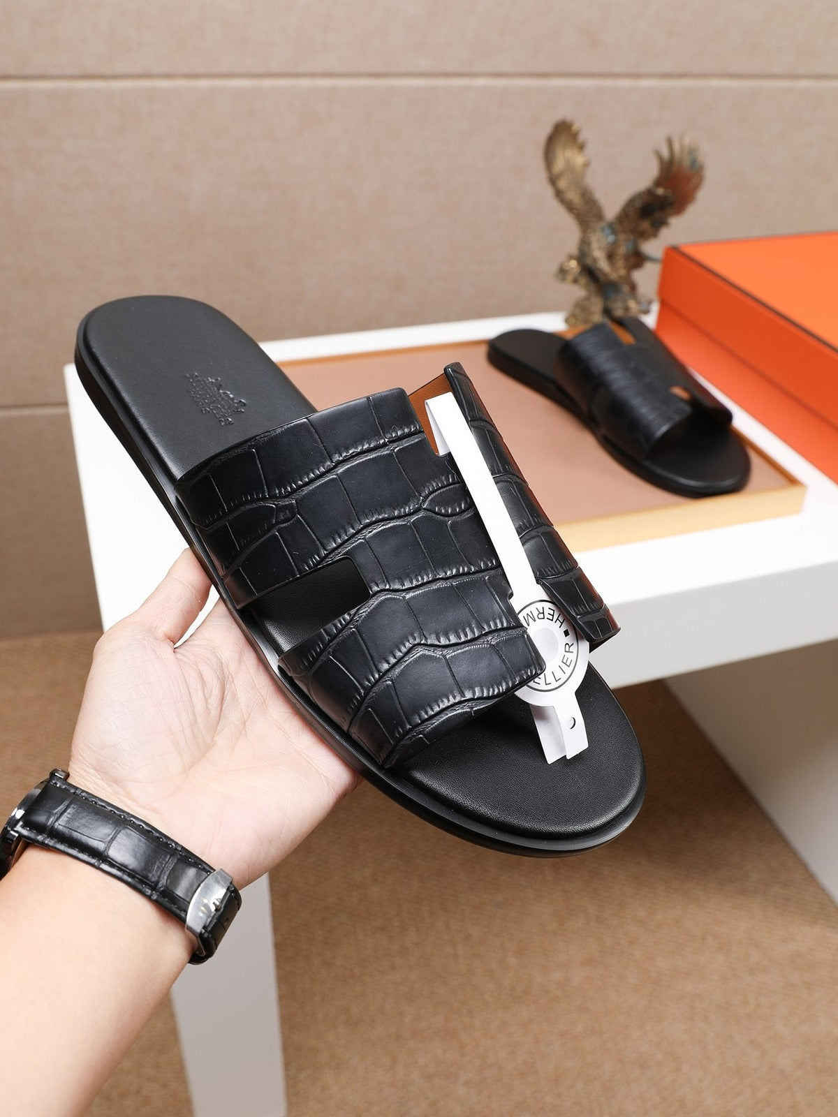 Hermes Textured H Slide Sandals