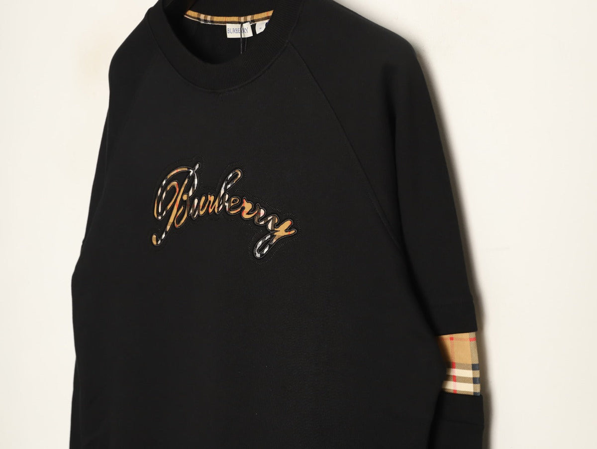 Burberry 26FW Black Signature Embroidered Check-Panel Crewneck Sweatshirt